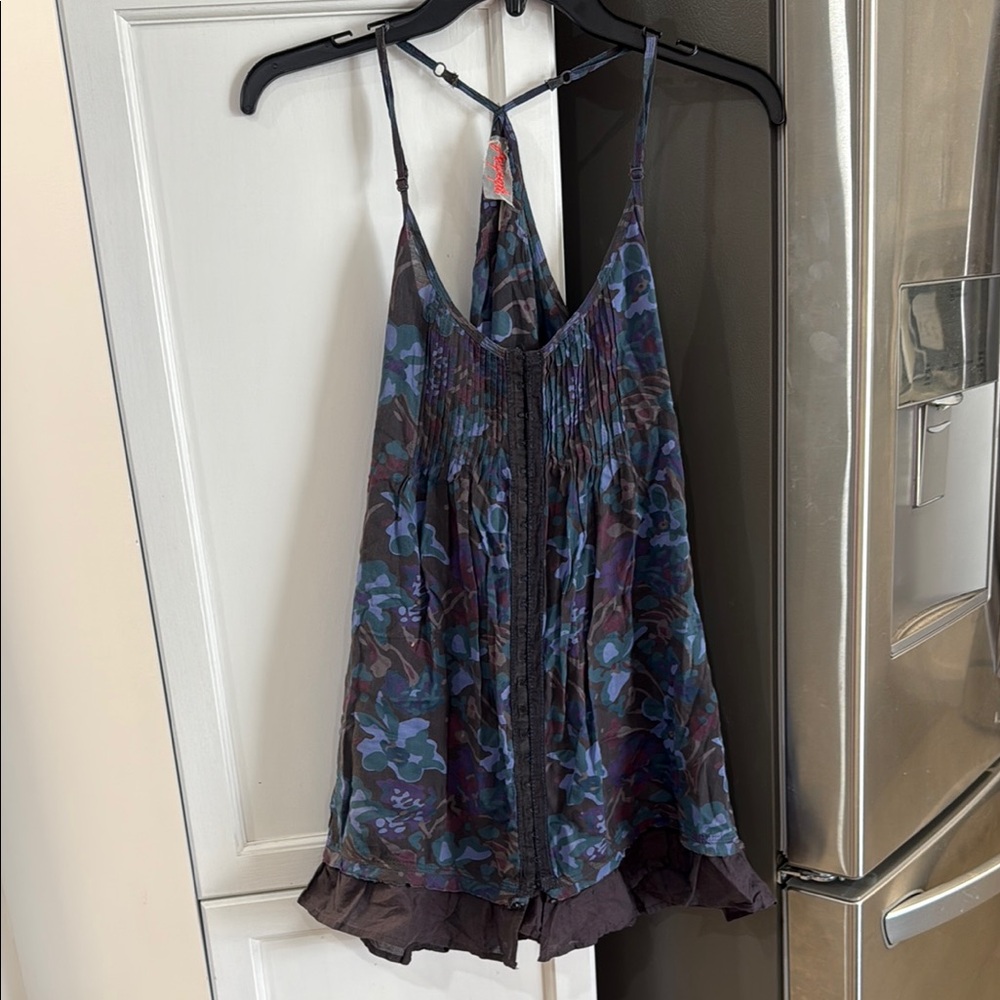 Apostrophe Blue and Black Asymmetrical Ruffled Camisole